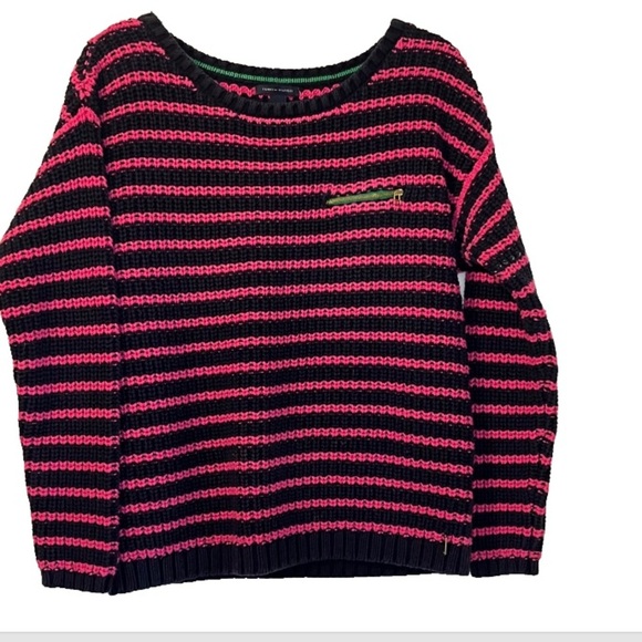 TOMMY HILFIGER Pullover Sweater Navy Pink Striped Long Sleeve Cotton Chunky Knit - Picture 1 of 6